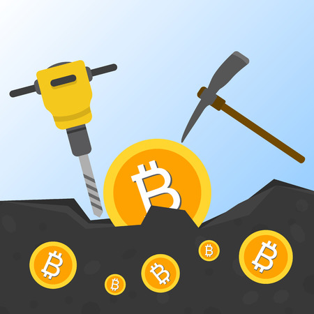 Cryptocurrency concept flat vector illustration. Bitcoin digital money. ryptocurrency production process. Production of the coins from the earth hammer and pickaxe. Bitcoin miningのイラスト素材