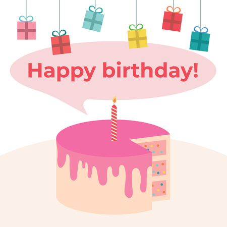 Birthday card flat vector illustration. Happy Birthday greeting card. Cake with candles, concept for a holiday and invitation card.のイラスト素材