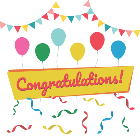 Congratulation card flat vector illustration. Postcard for congratulations and invitations. Concept poster with balloons and confettiのイラスト素材