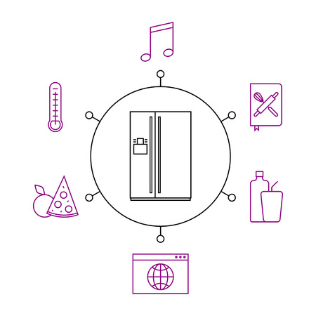 Smart refrigerator, smart home, iot flat vector illustration. Concept of the Internet of things, elements of a smart home. Smart and modern refrigerator functions.のイラスト素材