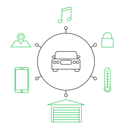 Smart car, smart home, iot flat vector illustration. Concept of the Internet of things, elements of a smart home. Smart and modern car functions.のイラスト素材