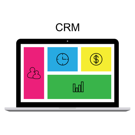 CRM customer relationship management concept flat vector illustration. Computer with CRM interface, icons of management, statistics, tasks, time, clients, money, settings.のイラスト素材