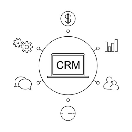 CRM customer relationship management concept flat vector illustration. Set of process control icons, management, statistics, tasks, time, clients, money, settings. Line illustration CRMのイラスト素材