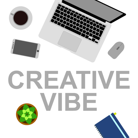 Workplace for work and creativity flat vector illustration. Concept of work, E-learning, education and desktop. Laptop and coffee on the tableのイラスト素材