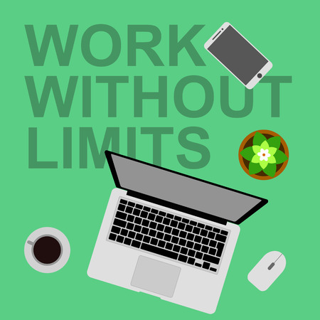 Workplace for work and creativity flat vector illustration. Concept of work, E-learning, education and desktop. Laptop and coffee on the tableのイラスト素材