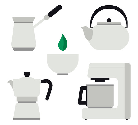 Set of tools for making tea and coffee flat vector illustration. Turk, coffee machine, moka pot, kettle, cup.  Concept for tea and coffee, hospitality, cards and bannersのイラスト素材