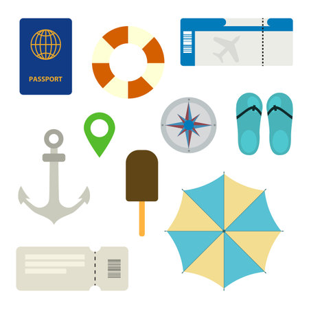 Concept for tourism and recreation. Flat vector illustration with lifebuoy, passport, ticket, map, compass, ice cream, compass, slippers, anchor, umbrella. Vacation banner and greeting cardのイラスト素材