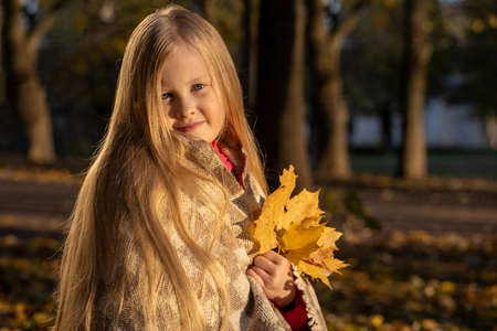 little blonde girl in a plaid whip in the parkの写真素材