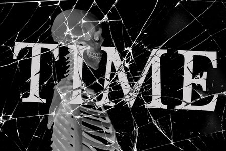 gloomy broken glass with cracks with the inscription time