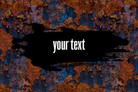 black banner on a rusty metal wall. advertising announcement. uneven stroke of steel old plate. High quality photoの写真素材