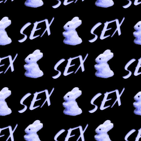 seamless pattern of rabbits with the word sex isolated on a black background. High quality photoの写真素材