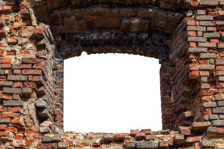 red brick wall with a hole in the middle. isolated on white background. grunge frame. horizontal...
