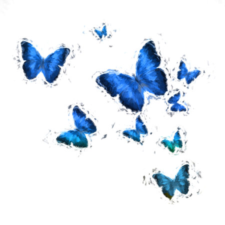 tropical flock of flying colored butterflies isolated on white