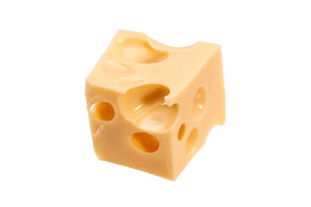 slice of yellow maasdam cheese isolated on white backgroundの写真素材