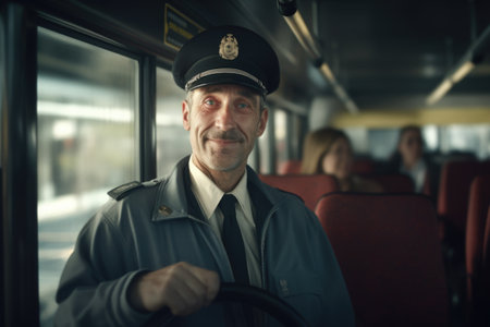 A picture of a man wearing a uniform sitting on a bus. This image can be used to depict public transportation, commuting, or a professional in transit.の素材