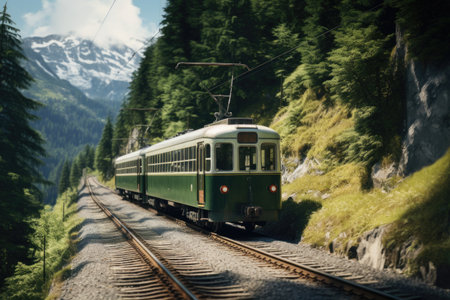 A green train is seen traveling down train tracks next to a forest. This image can be used to depict transportation, nature, or travel.の素材
