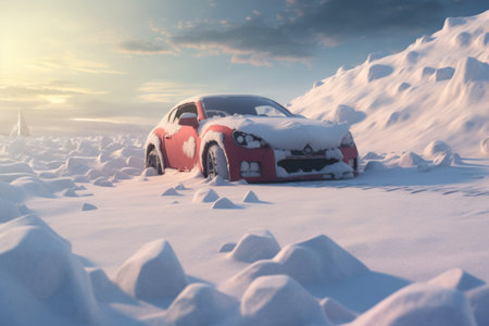 A red car is completely covered in snow on a snowy hill. This image can be used to depict winter weather conditions and the challenges of driving in snowy areas.の素材
