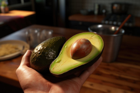 A person is holding an avocado in their hand. This image can be used to showcase healthy eating, cooking, or vegan lifestyle.の素材