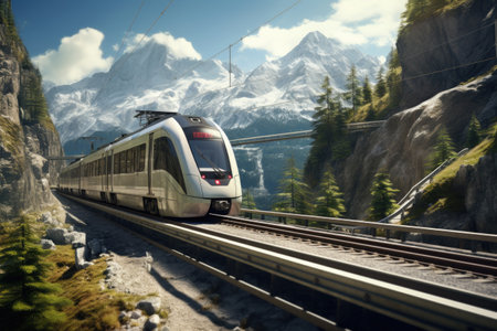 A white train is seen traveling down train tracks next to a majestic mountain. This image can be used to depict transportation, travel, or scenic landscapes.の素材