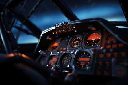 A close-up view of the cockpit of a plane. This image can be used to depict aviation, flying, or the experience of being in the pilot's seat.の素材