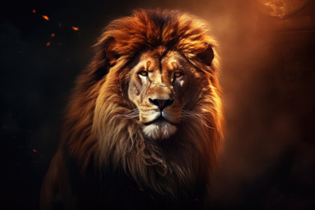 A close-up view of a lion's face against a black background. This image can be used to depict the fierce and powerful nature of the lion. Ideal for wildlife documentaries, animal conservation campaigns, or as a striking visual element in graphic design projects.の素材