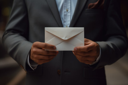 A man dressed in a suit is seen holding an envelope. This image can be used to depict concepts such as business, communication, or correspondence.の素材