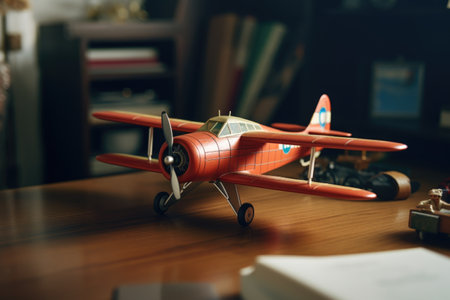 A toy airplane sitting on top of a wooden table. Perfect for aviation enthusiasts or travel-themed designs.の素材