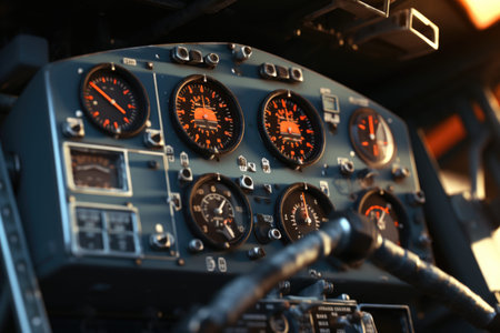 A close-up view of the gauges and instruments in a cockpit. This image can be used to illustrate aviation, flight, technology, or transportation concepts.の素材