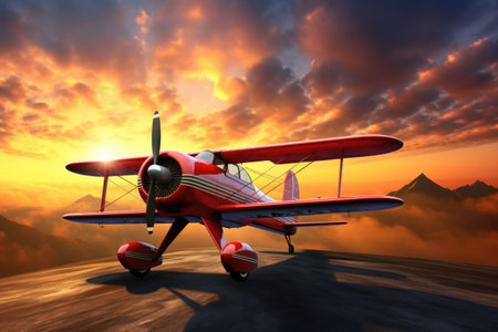 A small red airplane is pictured on a runway at sunset. This image can be used to depict aviation, travel, adventure, or transportation themes.の素材