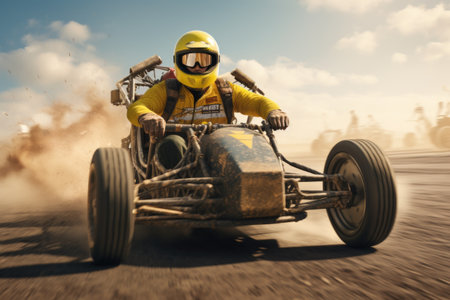 A man in a yellow jacket driving a race car. Perfect for showcasing speed and excitement.の素材