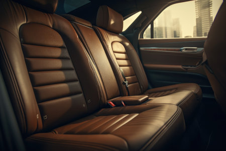 A car seat with a view of the city in the background. Ideal for showcasing urban lifestyle and transportation concepts.の素材