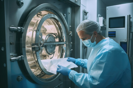 A man wearing a lab coat and mask stands in front of a machine. This image can be used to represent scientific research, laboratory work, or industrial processes.の素材