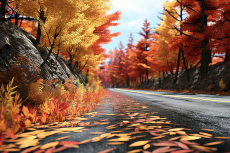 A painting depicting a road surrounded by trees. This picture can be used to illustrate the beauty of nature or as a background for a tranquil scene.の素材