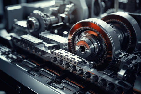 A detailed close-up of a machine with gears. This image can be used to depict machinery, mechanics, or industrial processes.の素材
