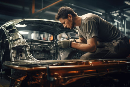 A man is seen working on a car in a garage. This image can be used to depict automotive repairs or maintenance.の素材