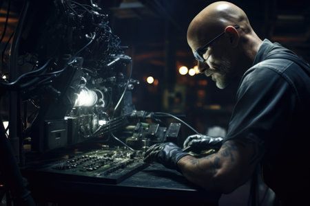 A man is seen working diligently on a computer in a dimly lit room. This image can be used to depict a variety of concepts such as late-night work, technology, concentration, or productivity.の素材