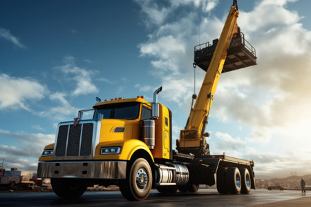 A picture of a large yellow truck with a crane on its back. This image can be used to depict construction, transportation, or industrial themes.の素材