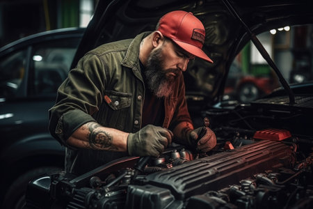 A man is seen working on a car engine in a garage. This image can be used to depict car repairs or maintenance activities.の素材