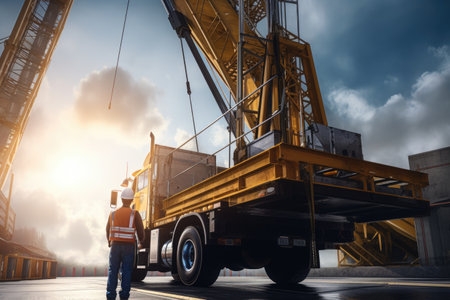 A construction worker standing in front of a large crane. This image can be used to depict construction projects, industrial work, or the construction industry.の素材