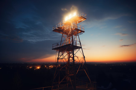 A picture of a tall tower with a bright light on top. This image can be used to represent communication, navigation, or as a symbol of hope and guidance.の素材
