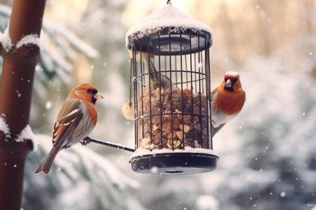 Two birds perched on top of a bird feeder. Ideal for nature or wildlife-themed designs and projects.の素材