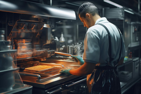 A man is seen in a kitchen, busy preparing food in an oven. This image can be used to depict cooking, culinary skills, and home cooking.の素材