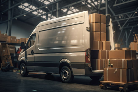 A van is parked inside a spacious warehouse. This image can be used to depict transportation, storage, logistics, or industrial concepts.の素材