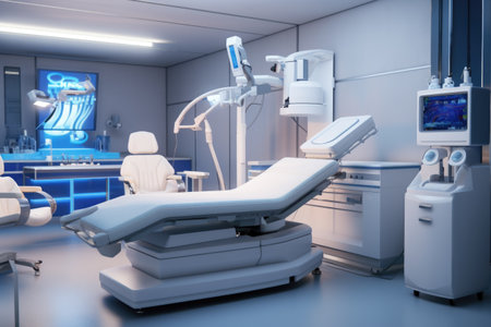 A hospital room featuring a chair, monitor, and various medical equipment. Suitable for medical and healthcare-related projects.の素材