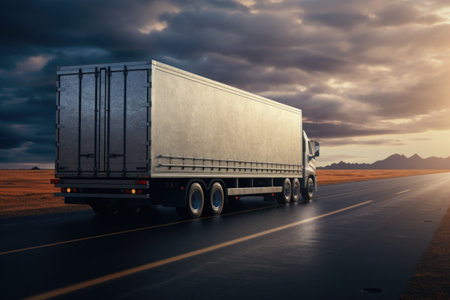 A powerful semi truck driving down a road with a cloudy sky in the background. This image can be used to depict transportation, logistics, or the power and strength of the trucking industry.の素材