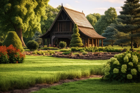 A picturesque house located in the middle of a vibrant, green field. Perfect for nature lovers and those seeking tranquility in rural landscapes.の素材
