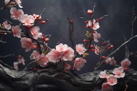 A detailed view of a tree branch adorned with beautiful flowers. This image can be used to enhance nature-themed designs or to add a touch of elegance to any project.の素材