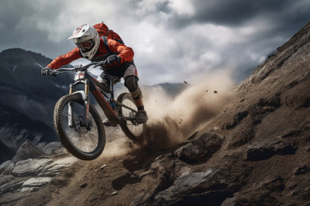 A person is pictured riding a bike on a dirt trail. This image can be used to depict outdoor activities, adventure, and recreational sports.の素材