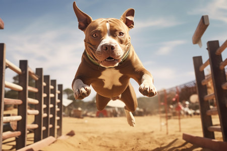 A brown and white dog captured mid-air while jumping over a fence. This image can be used to depict agility, freedom, and overcoming obstacles.の素材