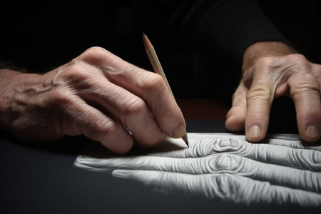 A close up view of a person drawing with a pencil. This image can be used for various creative projects.の素材